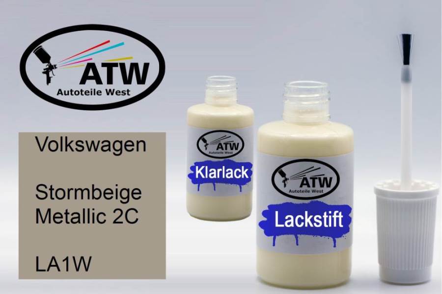 Volkswagen, Stormbeige Metallic 2C, LA1W: 20ml Lackstift + 20ml Klarlack - Set, von ATW Autoteile West.